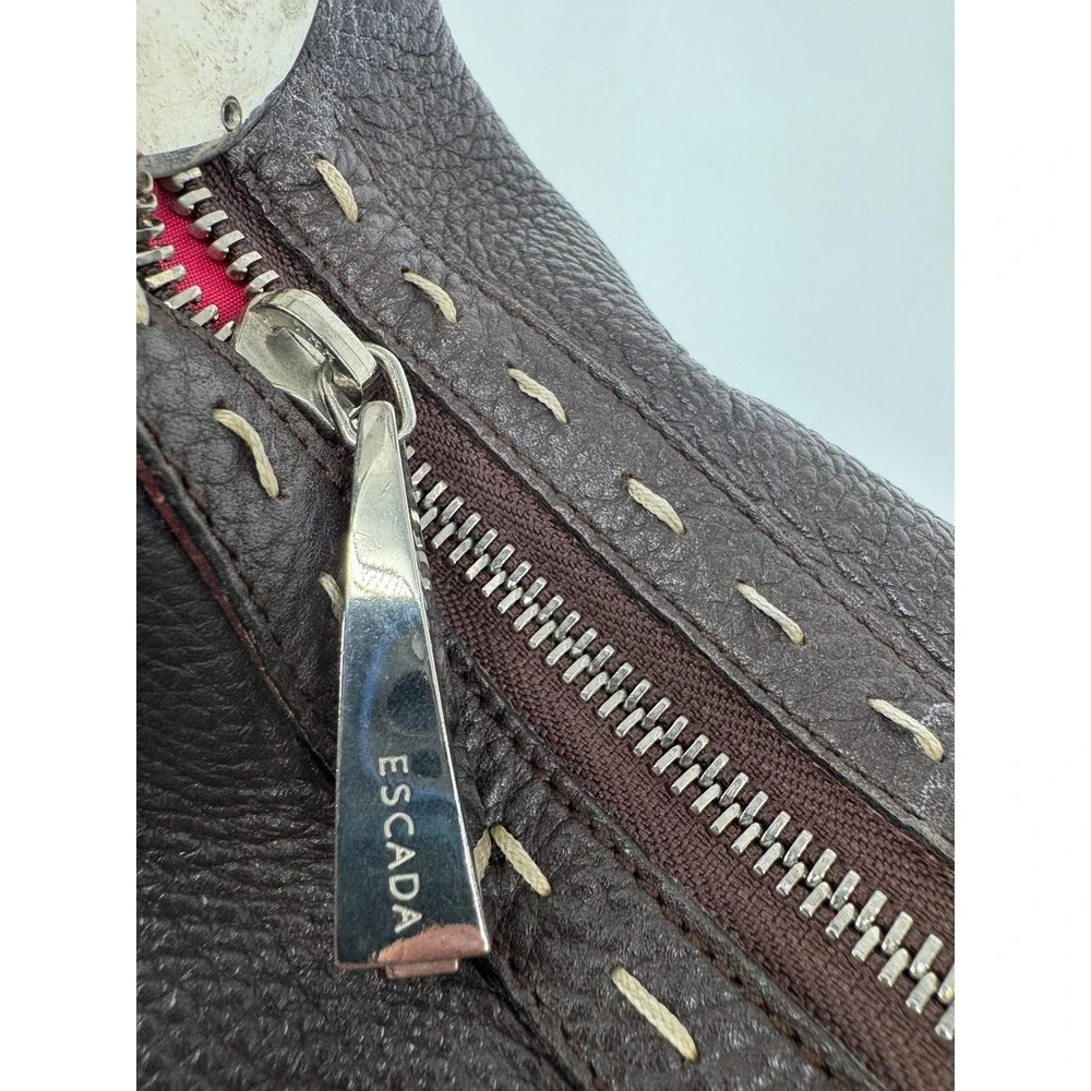 Vintage Escada Hobo Bag Purse L Brown Pebbled Leather Whipstitch Silver Italy
